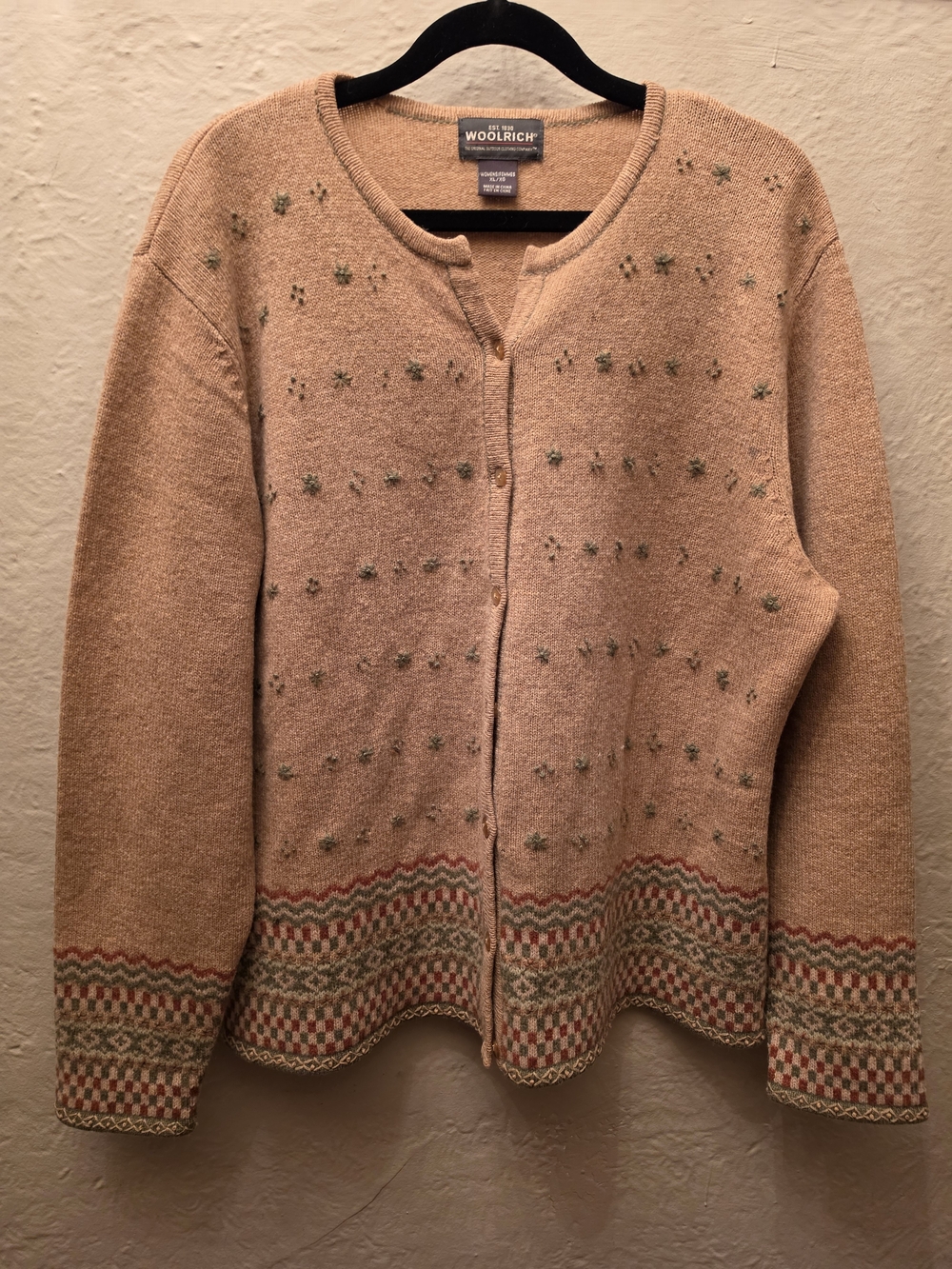Woolrich Embroidered Floral Fair Isle 100% Lambs Wool  Cardigan Sweater XL